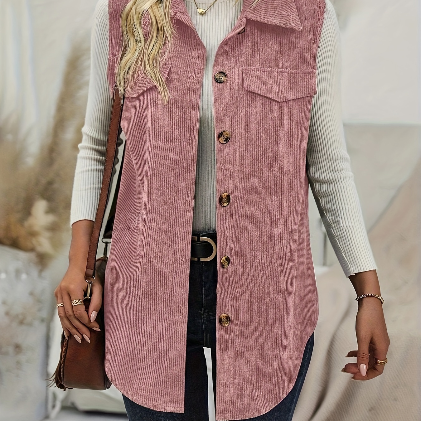 

Plain Button Front Corduroy Vest Jacket, Elegant Sleeveless Gilet Jacket For Spring & Fall, Women's Clothing