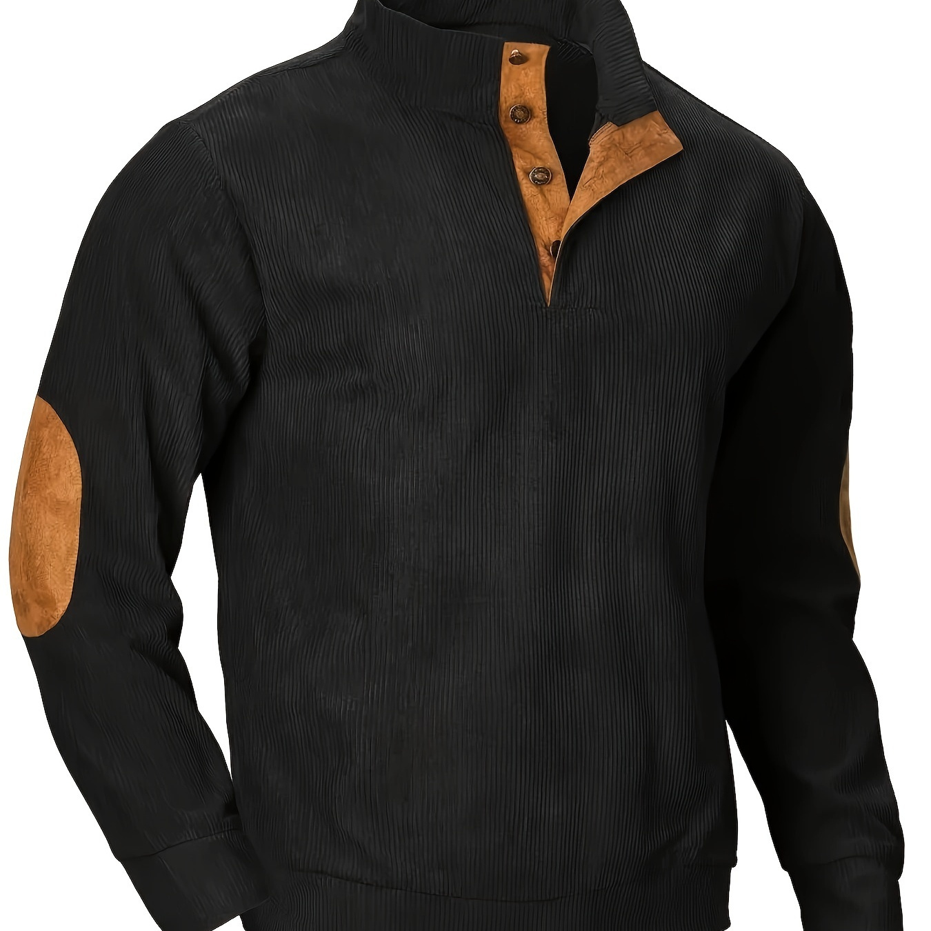 

Build| Men' Ribbed Long Sleeve Henley Shirt - Stand Collar, Button Detail, Polyester , Black With Orange Accents, Shirt|vintage Style Shirt|textured Fabric, Plus Size