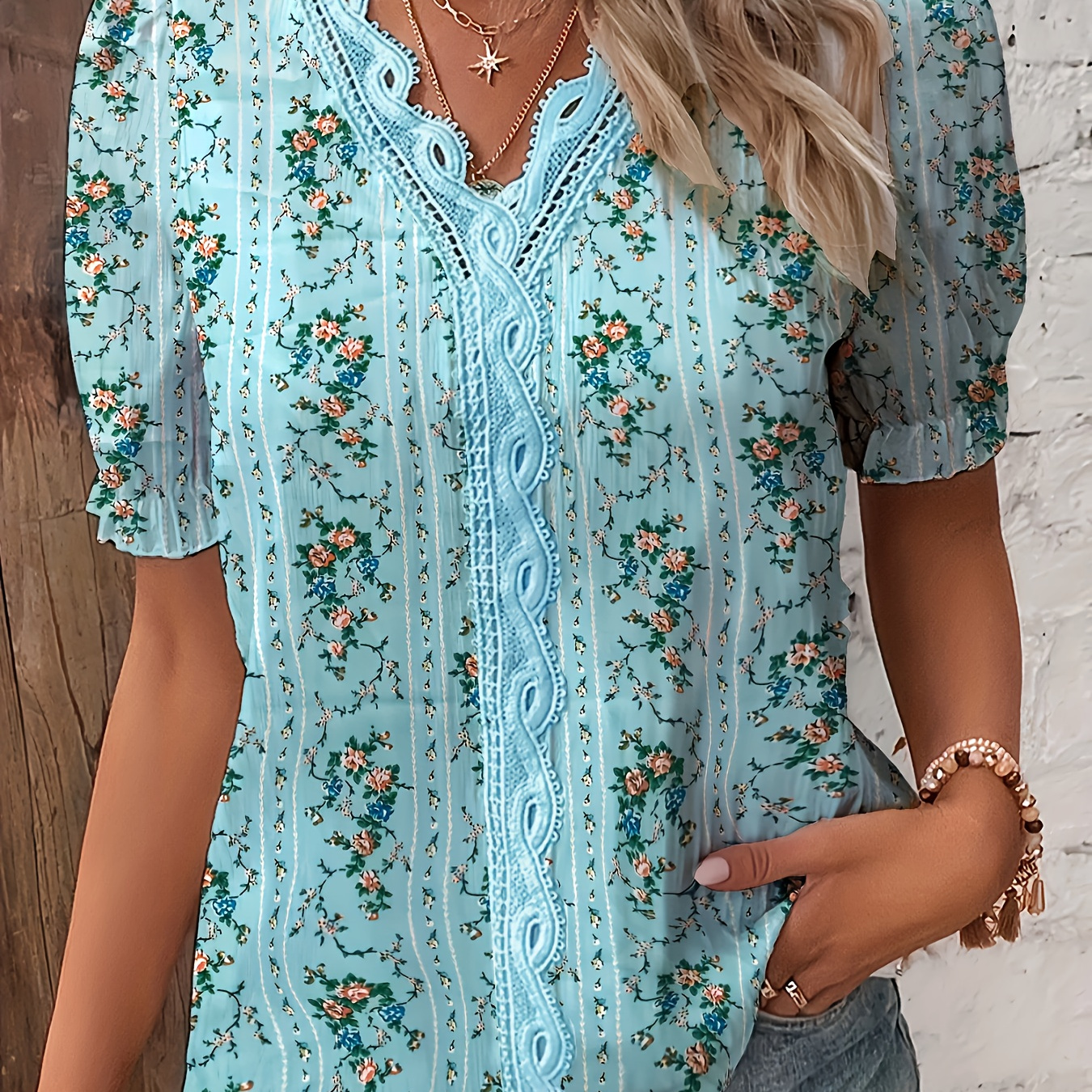 

Floral Print Lace Trim V Neck Blouse, Elegant Short Sleeve Top For Spring & Summer, Women's Clothing