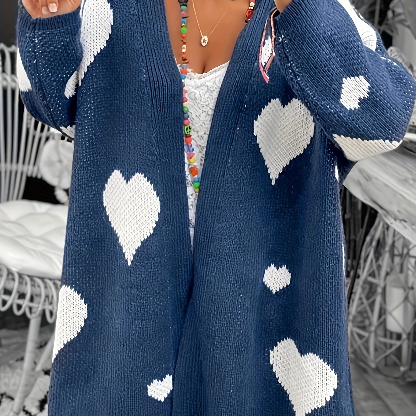 Plus Size Cute Cardigan, Women's Plus Heart Print Long Sleeve Open Front Medium Stretch Knit Cardigan