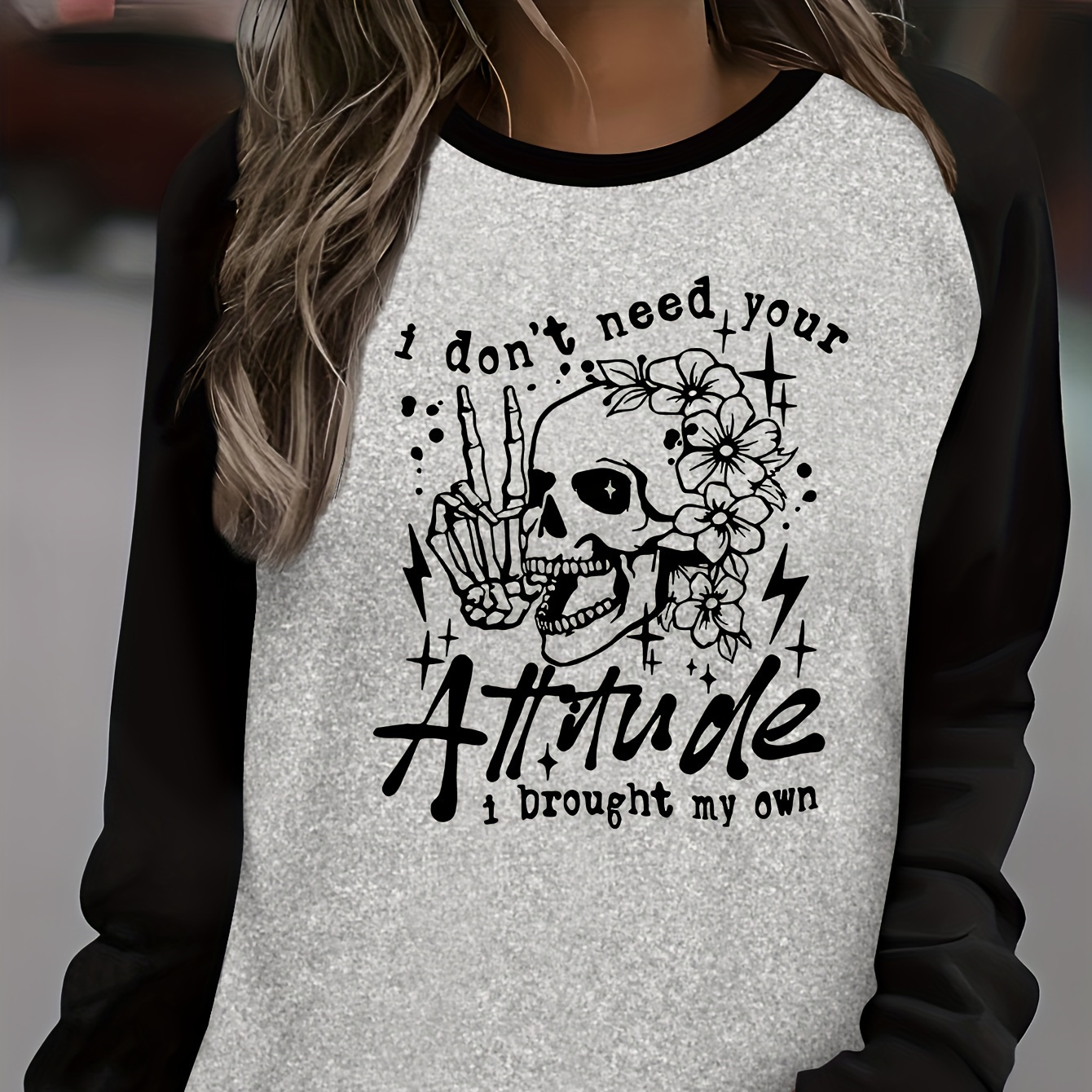 

Women's Casual Crew Neck Long Sleeve T-shirt With Skull And Attitude Graphic Print, Polyester Spandex Blend, Knit , Regular Length - All Season Comfort