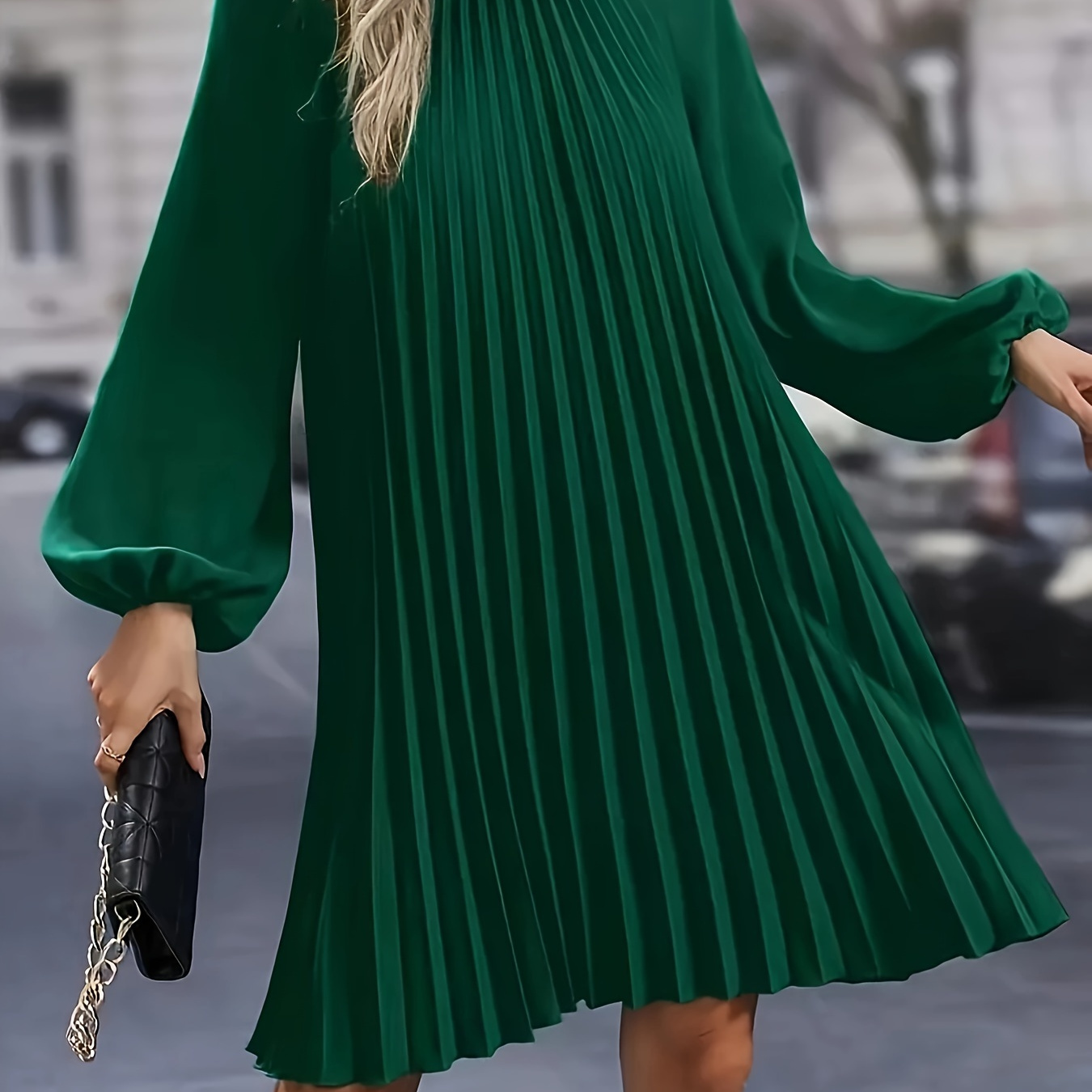 

Pleated Crew Neck Loose Dress, Elegant Long Sleeve Dress For Spring & Fall, Women's Clothing