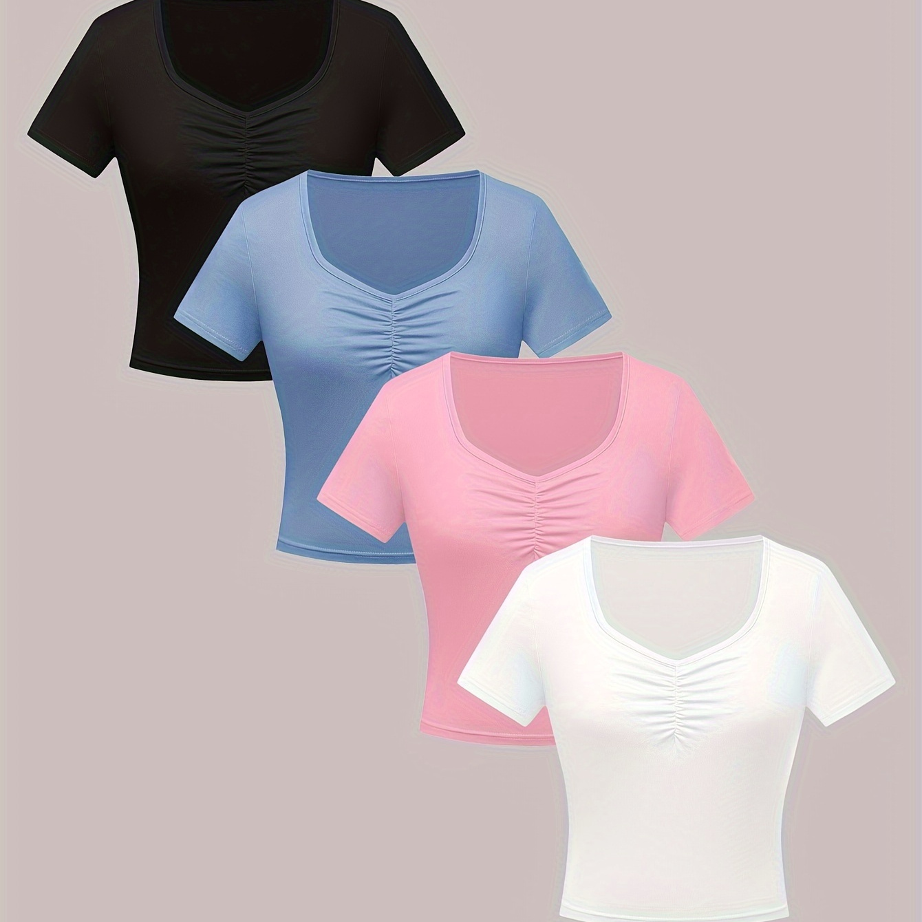 

Ruched 4 Packs T-shirts, Casual Solid Color Short Sleeve T-shirt, Women's Clothing