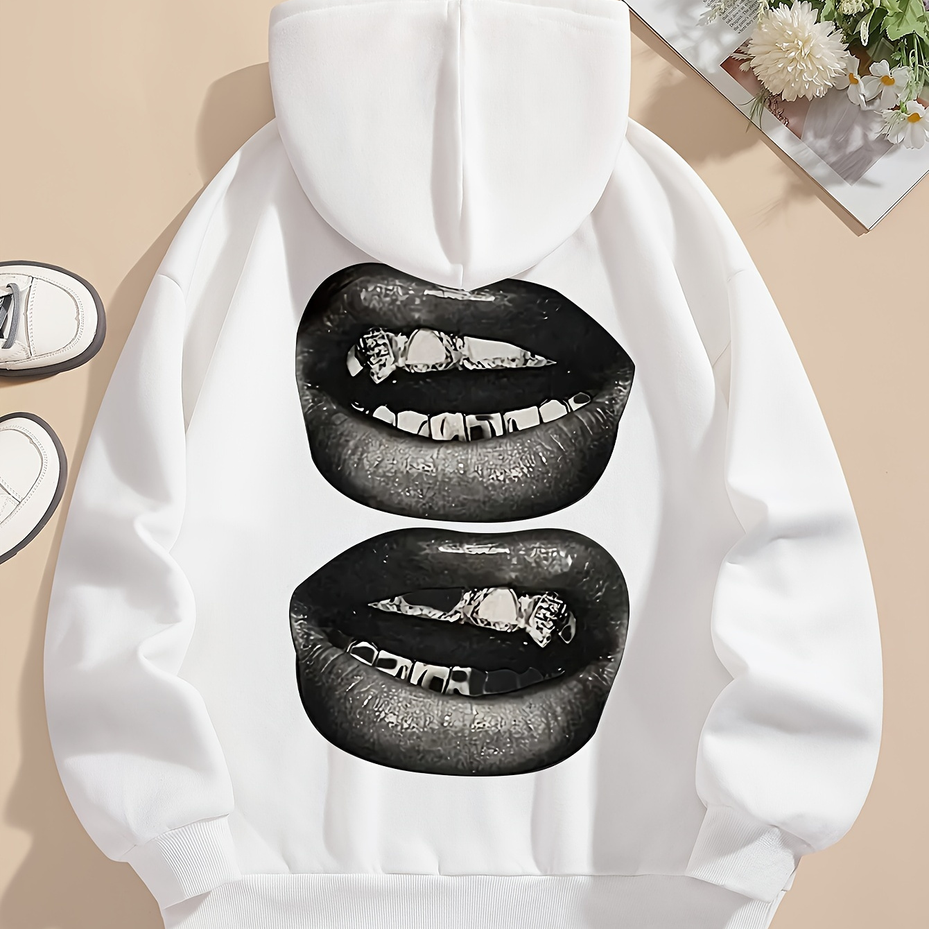 

Lips Print Drawstring Hoodie, Casual Kangaroo Pocket Long Sleeve Hoodie For Fall & Winter, Women's Clothing