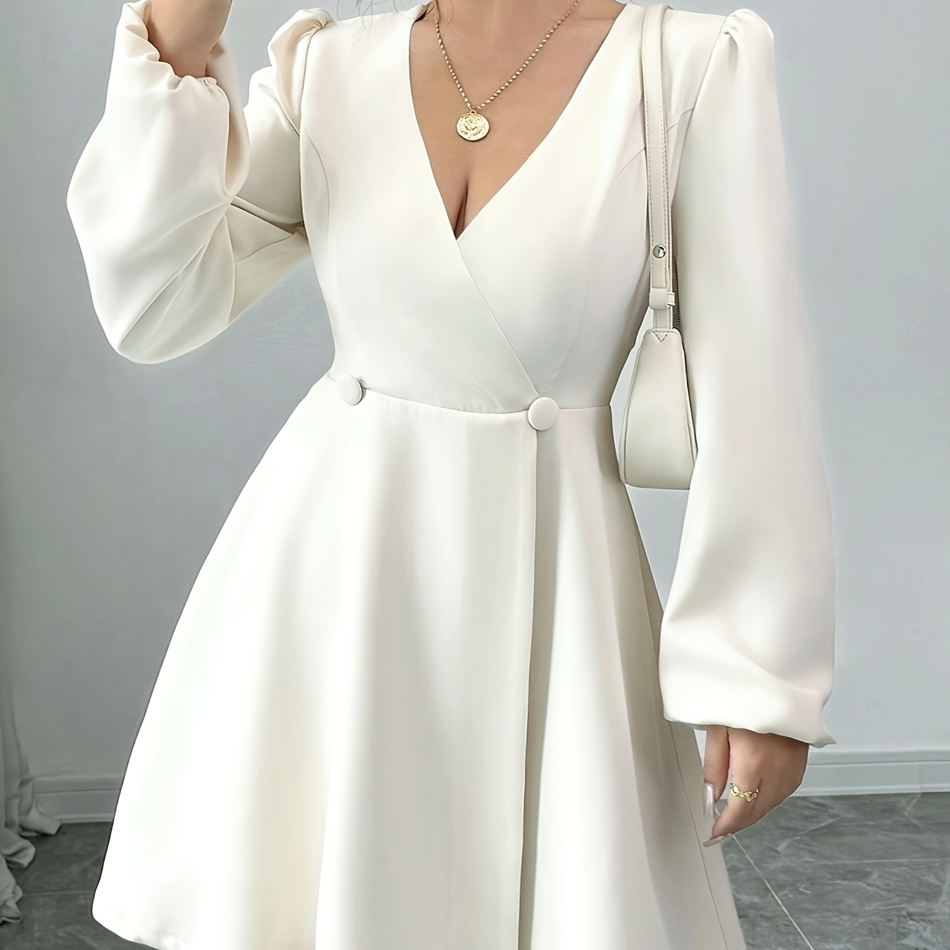 

Robe à manches longues et col en V pour femmes, robe chemise trapèze en polyester de couleur unie avec boutons à double rangée, pour /automne - Tissu tissé