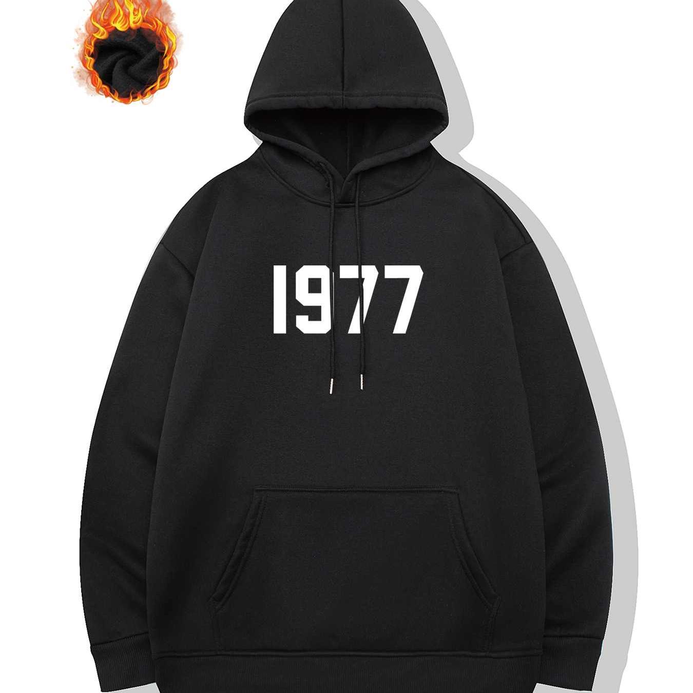 

1977 Print Hoodie, Cool Hoodies For Men, Men's Casual Graphic Design Pullover Hooded Sweatshirt With Kangaroo Pocket Streetwear For Winter Fall, As Gifts