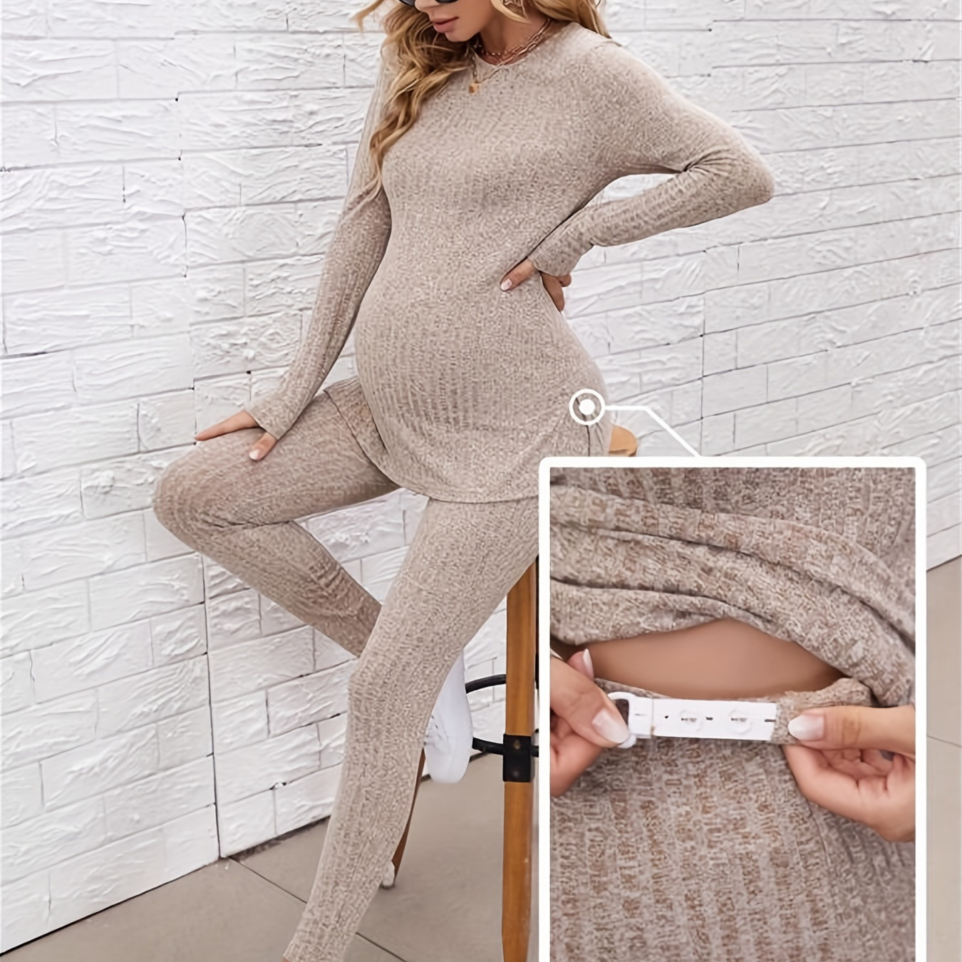 

Pregnant Women's Maternity Knitted Solid Pajamas Sets, Casual Elegant Long Sleeve Crew Neck Shirt & Comfy Adjustable Elastic Fit Pants For Daily Comfort