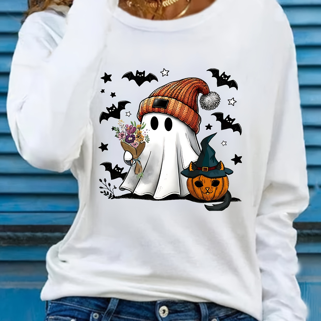 

Women's Halloween Print Long Sleeve T-shirt - Casual Crew Neck, Soft Polyester, Machine Washable - Fall