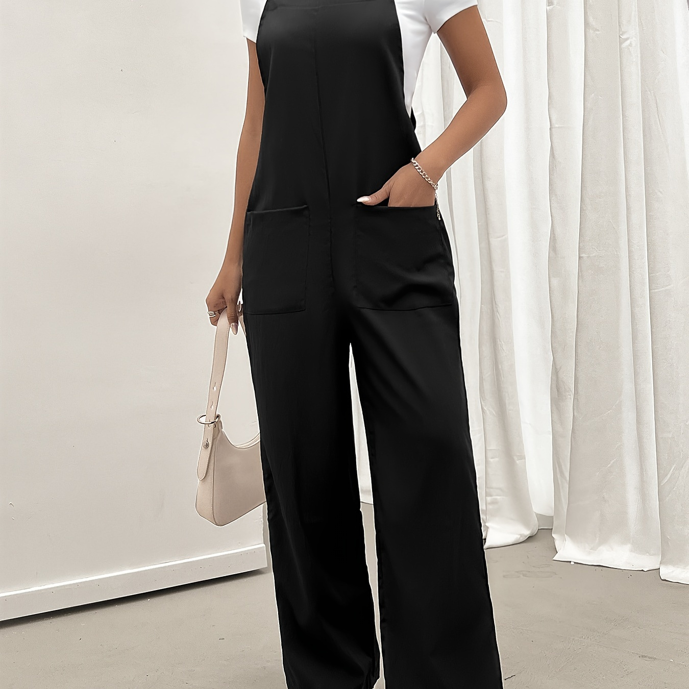 

Solid Pockets Overall Jumpsuit, Casual Overall Jumpsuit For Spring & Summer, Women's Clothing