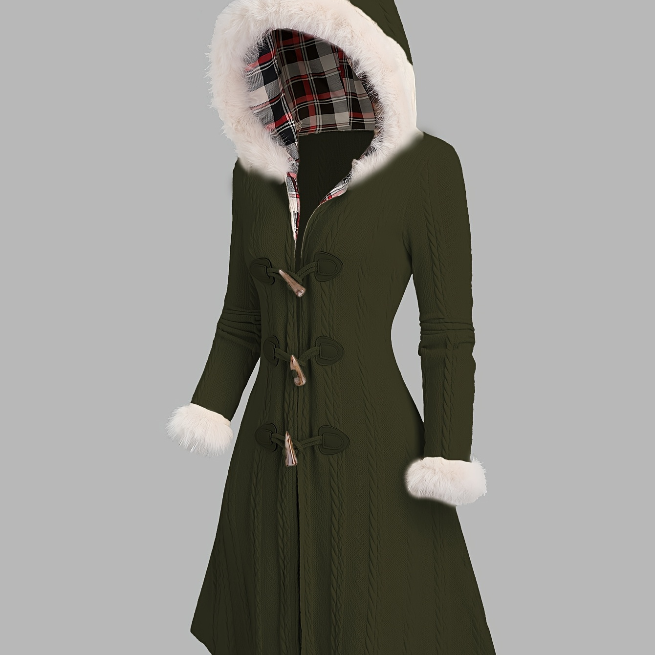 

Y2k-inspired Hooded Knit Coat With Fur Trim, Horn Buttons - Long, Warm & Stylish For Women, Machine Washable, Y2k, , Fur