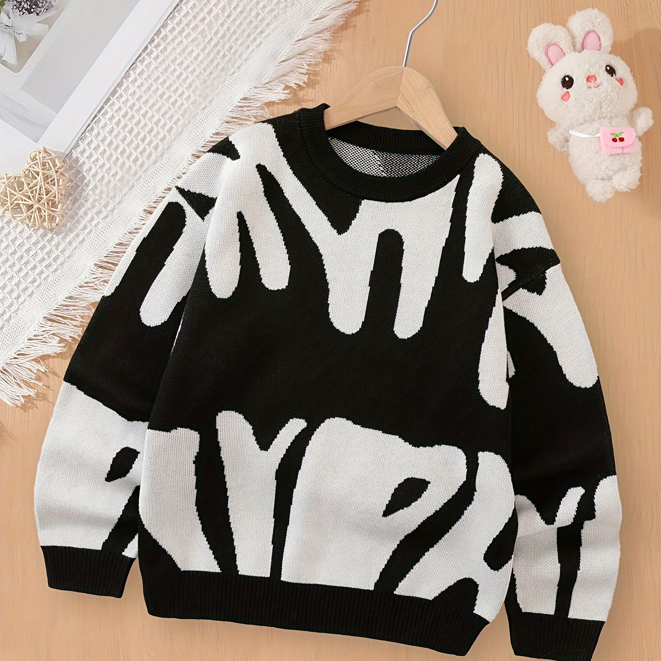 

Boy's Letters Pattern Color Blocking Knit Pullover For Autumn And Winter - Versatile Trendy Loose Fit Long Sleeve Knitted Top As Gift