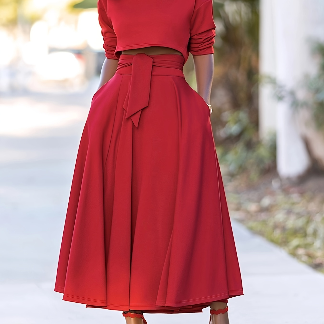 

Elegant Two-piece Skirt Suit Set For Women - Polyester & Spandex , Crew Neck, Solid Color, Knit Fabric, Long Sleeve Top And Flared Midi Skirt Ensemble