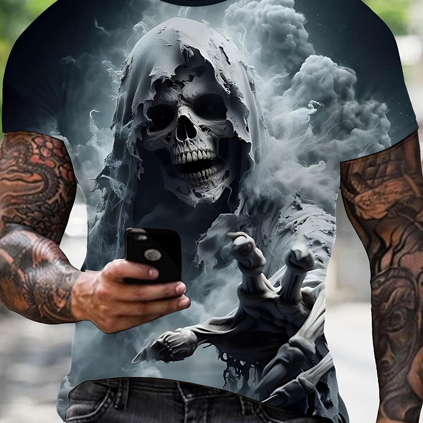 

Men's 3d Skull Print T-shirt, 100% Polyester Casual Crew Neck Tee With Short Sleeves, Slight Stretch Knit Fabric, Regular Fit Graphic Top For Outdoor Wear