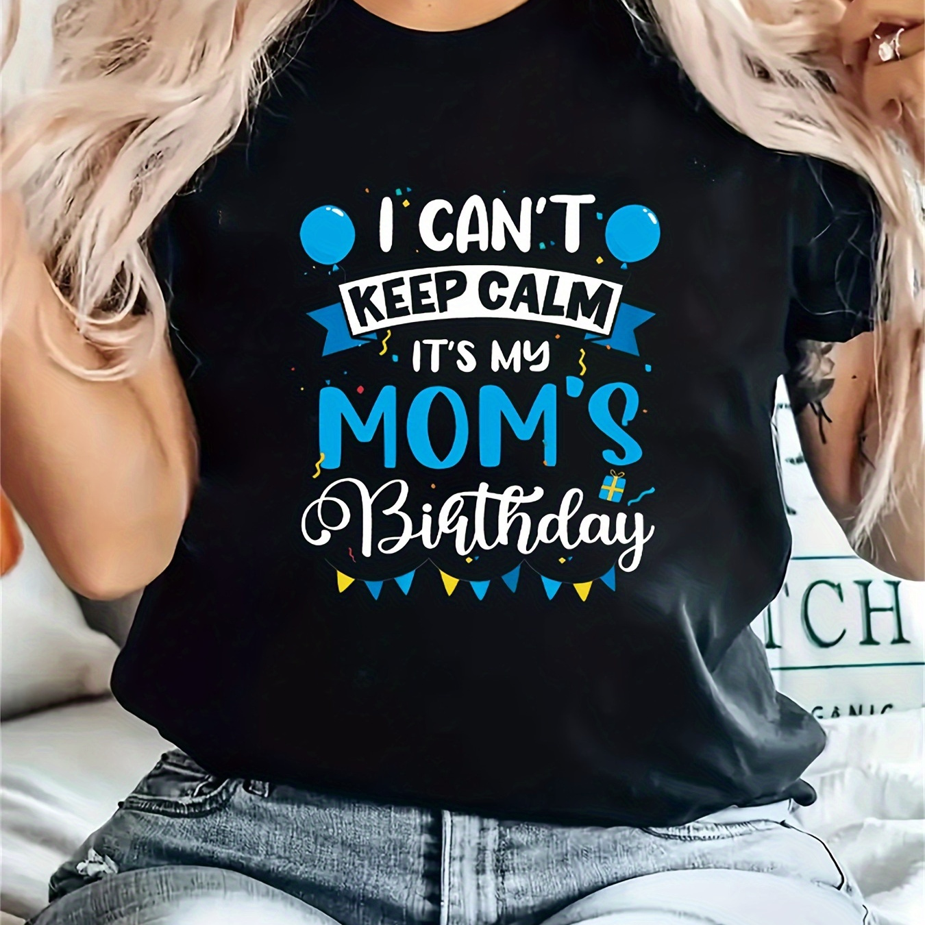 

Mom's Birthday Print Crew Neck T-shirt, Short Sleeve Casual Top For Summer & Spring, Women's Clothing