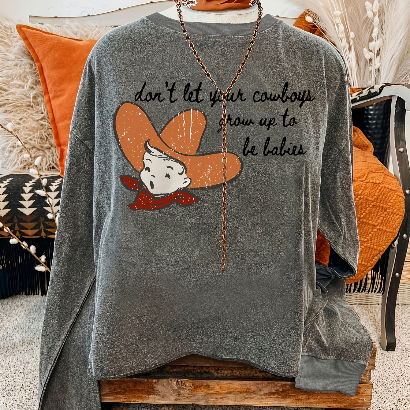 

1pc Women's Casual Crew Neck Sweatshirt With Cartoon Cowboy , Polyester Knit Fabric, Spring/fall Fashion Top