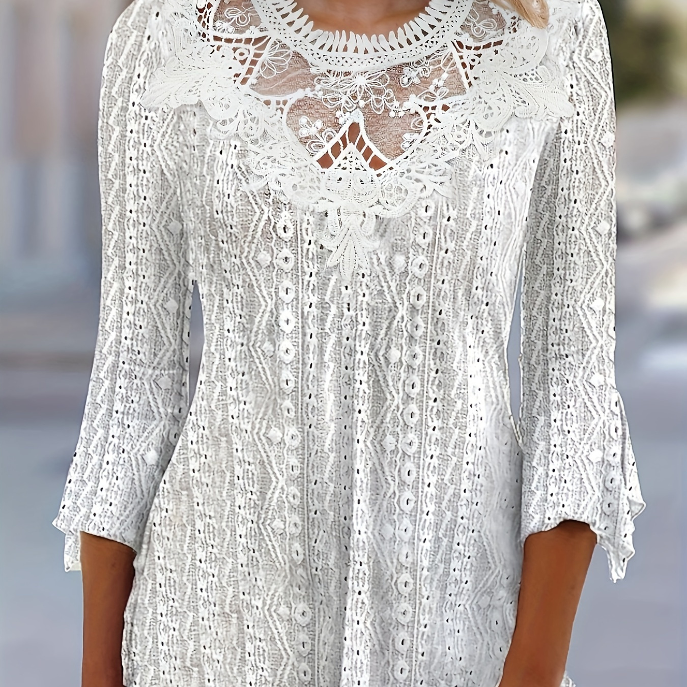 

Lace Stitching Eyelet Top, Elegant 3/4 Sleeve Top For Spring & Summer, Women's Clothing