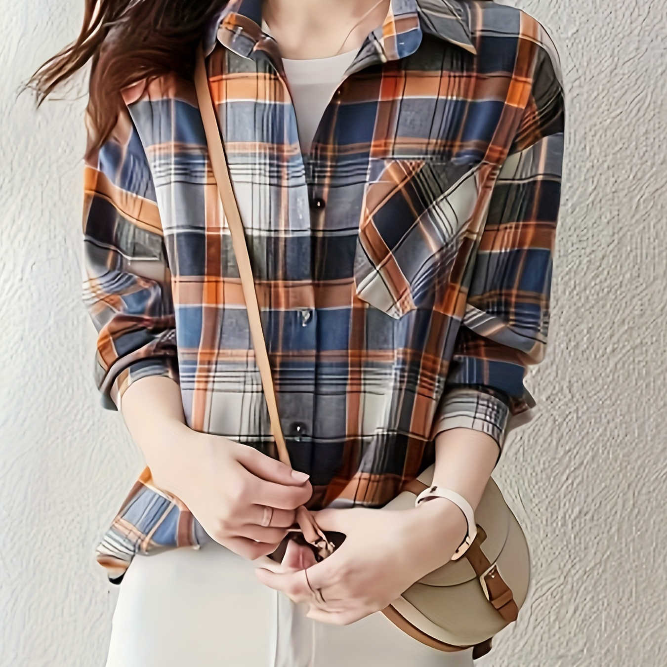 Plaid Print Dipped Hem Shirt, Casual Mid Length Button Front Turn Down ...