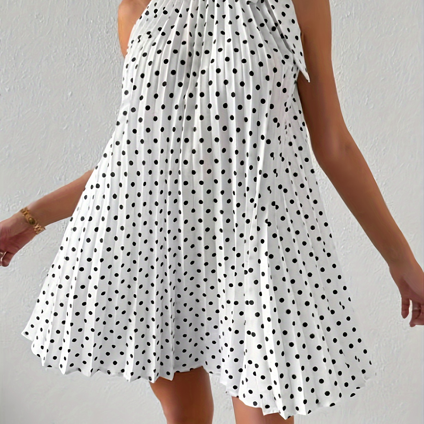 

Polka Dot Print Pleated Loose Dress, Elegant Sleeveless Lace Up Dress For Spring & Summer, Women's Clothing