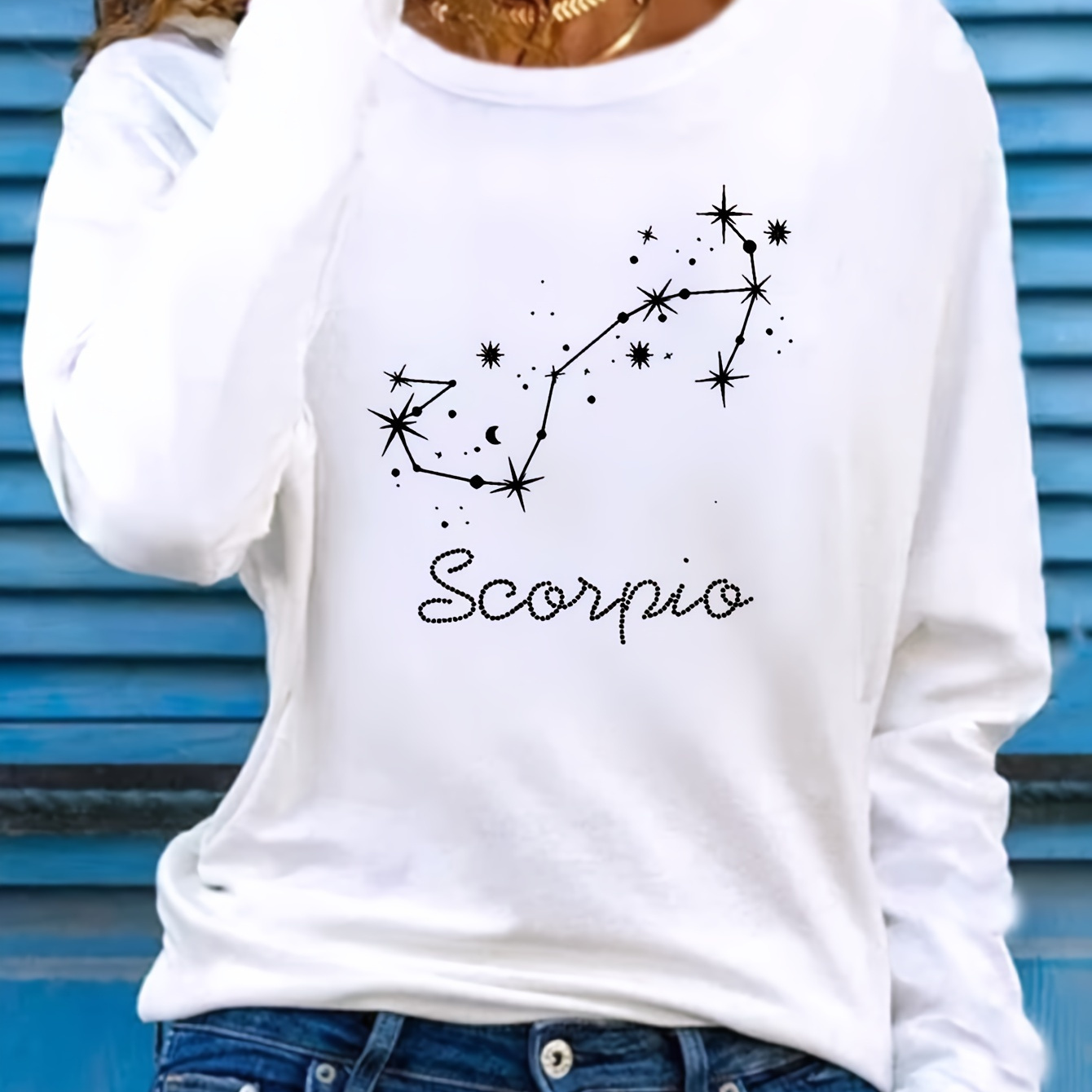 

Women's Long Sleeve Constellation Print T-shirt - 100% Polyester Casual Crew Neck Knit Fabric Top With Applique Detail For All