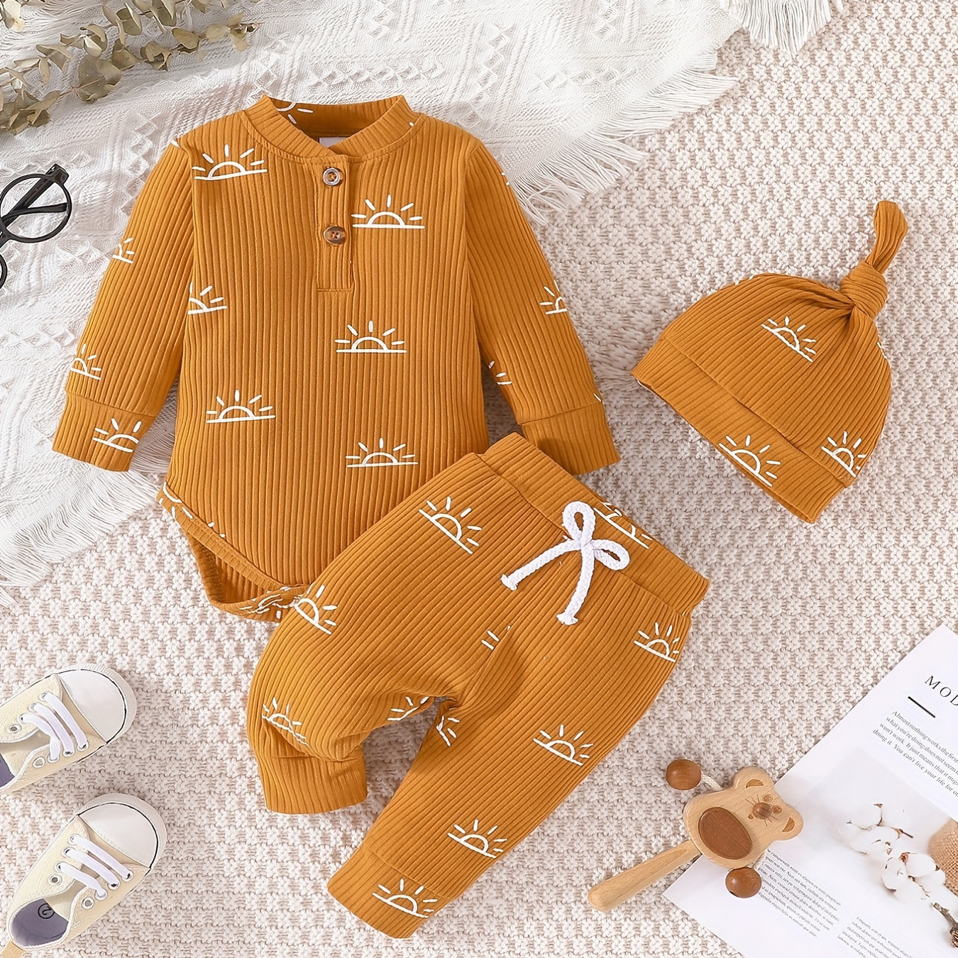 Baby Cotton Long Sleeve Romper + Pants + Hat, Ribbed Bodysuit Onesie Set Baby Clothes