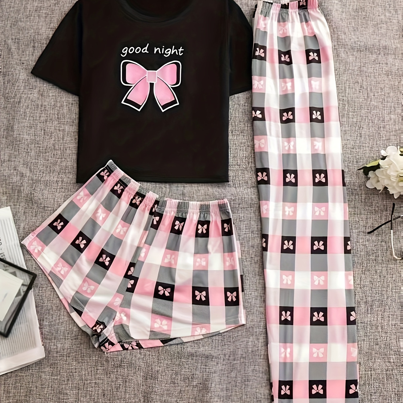 

Bow & Plaid & Letter Print Pajama Set, Casual Short Sleeve Round Neck Top & Pants & Shorts, Women's Sleepwear