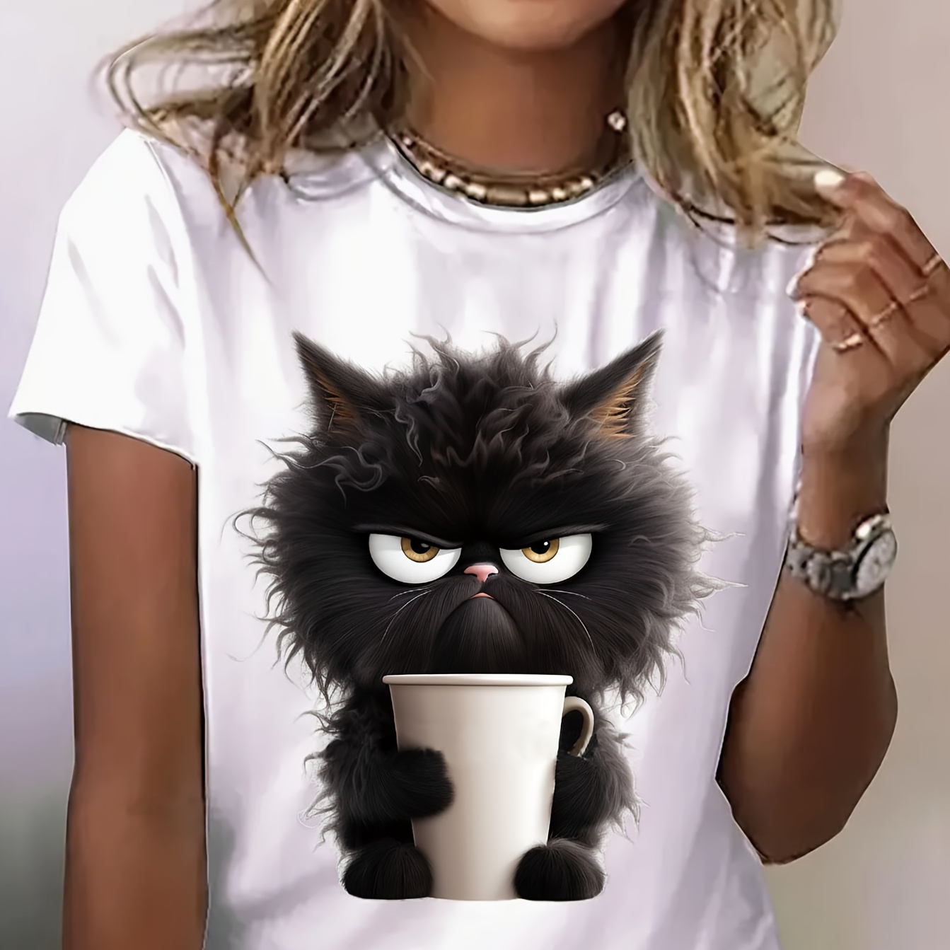 

Cartoon Cat Print Crew Neck T-shirt, Short Sleeve Casual Top For Summer & Spring, Women's Clothing
