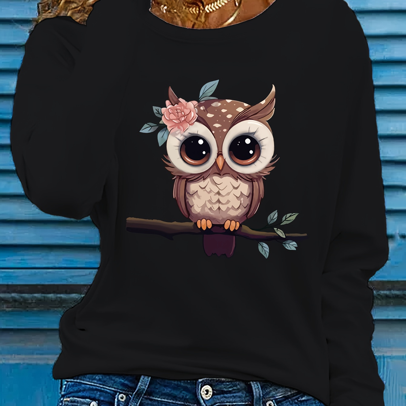 

Women's Casual Long Sleeve Crew Neck T-shirt With Unique Owl Print - Soft Polyester, Machine Washable - Spring & Fall