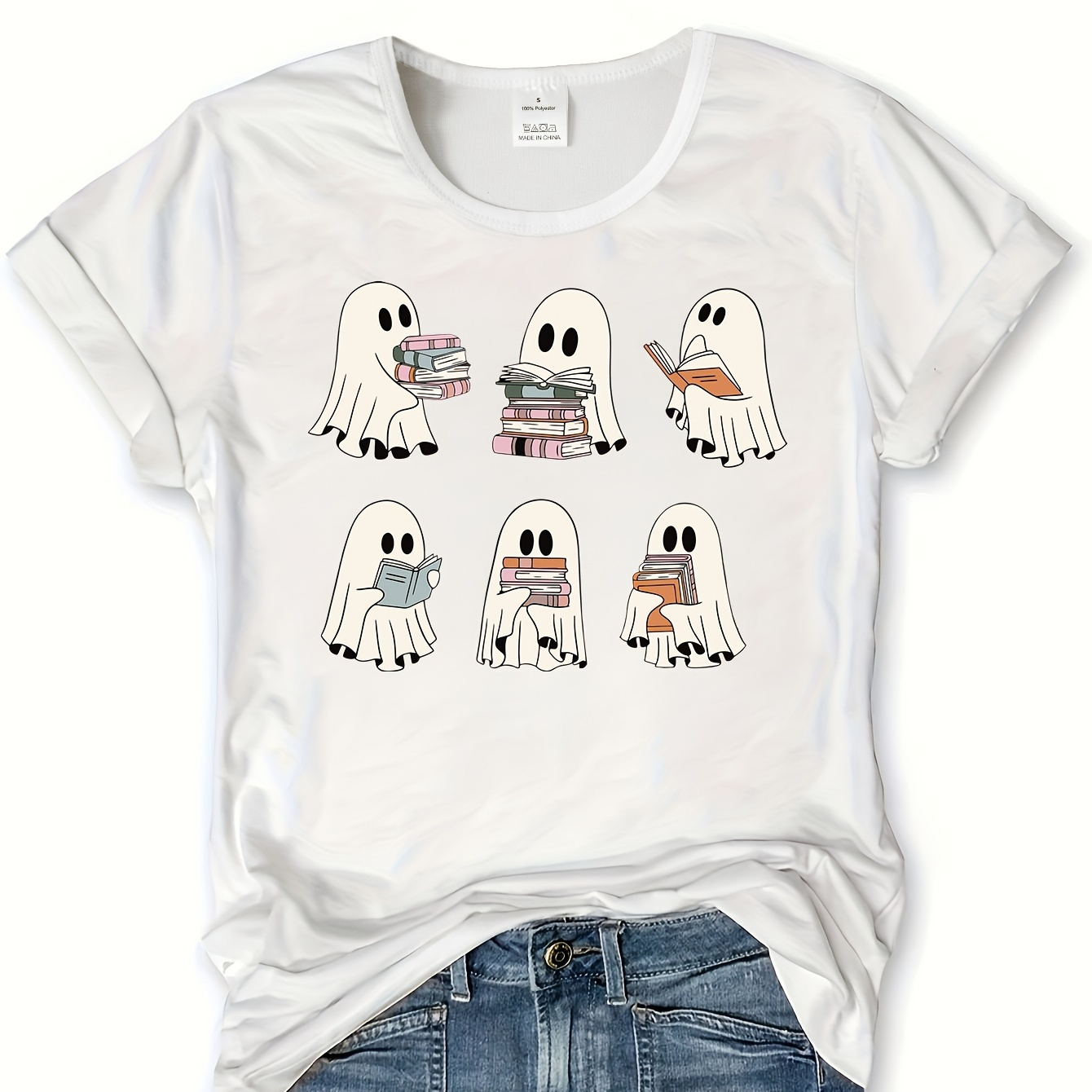 

Ghost Print T-shirt, Short Sleeve Crew Neck Casual Top For Summer & Spring, Women's Clothing