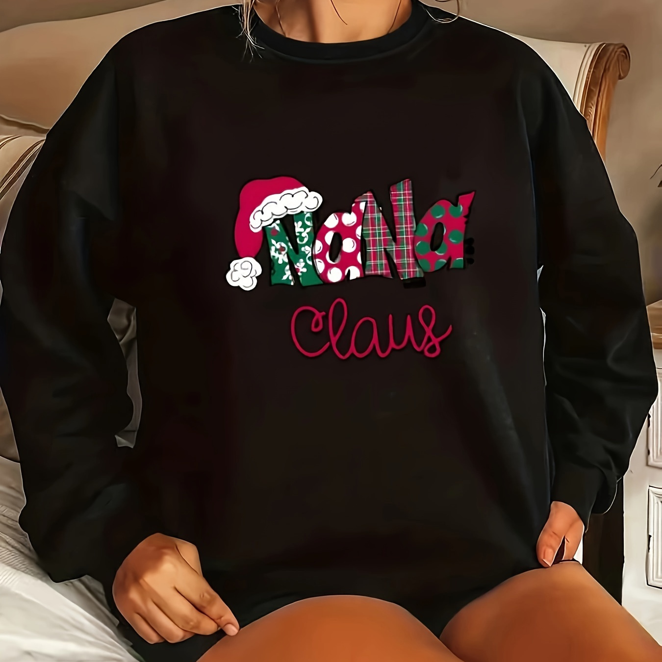 

Festive Christmas Sweatshirt: Large, Relaxed, Polyester Hoodie With Christmas Patterns And 'nana Claus' Text