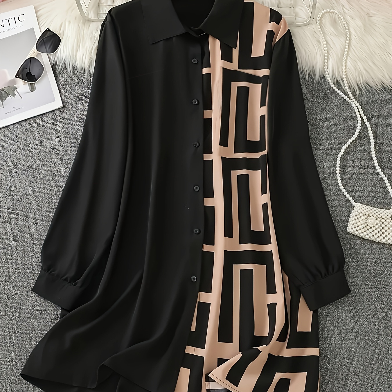 

[] Plus Size Chic Black & Geometric Print Dress - Casual Polyester Shift With Collar, Long Sleeves & Button-up Front - Machine Washable, Non-stretch Fabric For All , Plus Size Casual Dress