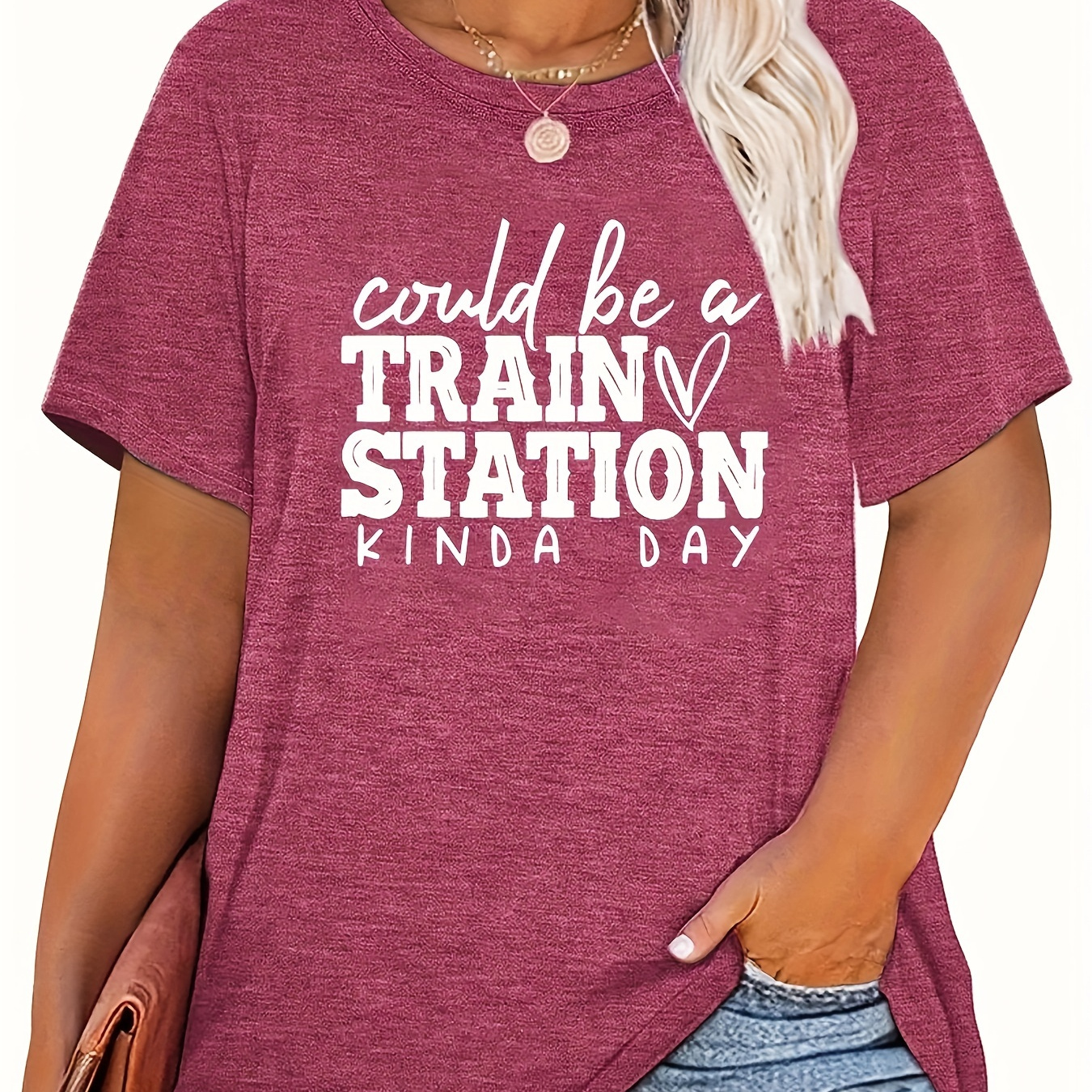 

Plus Size Train Print T-shirt, Casual Crew Neck Short Sleeve T-shirt, Women's Plus Size clothing