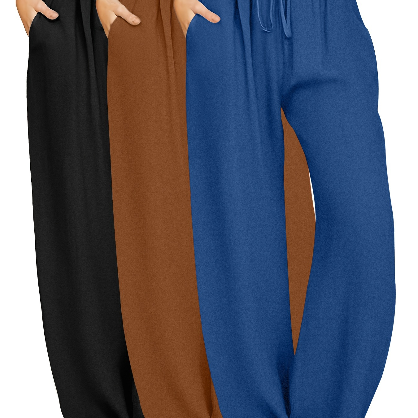 

3 Ensembles Pantalons Grande Taille Unis avec Fausse Cordelette, Pantalons à Taille Élastique Décontractés pour le Printemps & l'Été, Vêtements Grande Taille pour Femmes