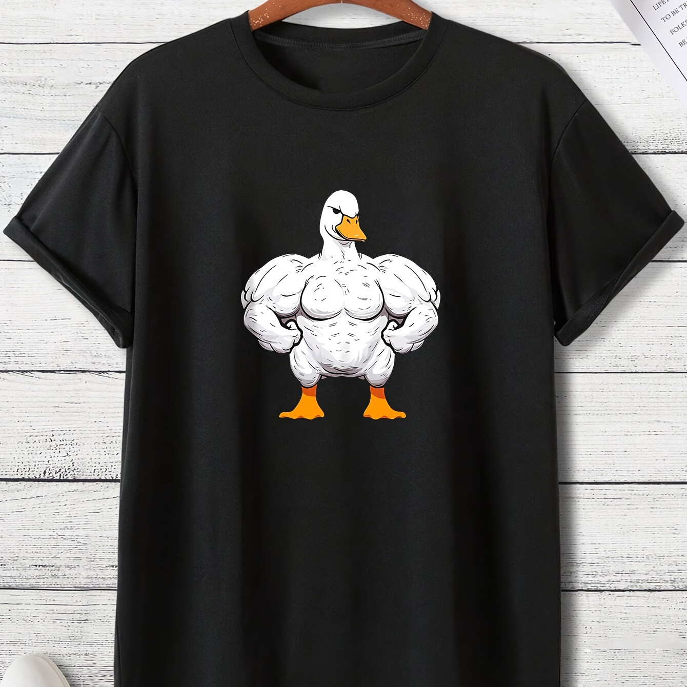 

Cartoon Muscle Duck Pattern Men's Casual Short Sleeve Crew Neck T-shirt, Summer Outdoor