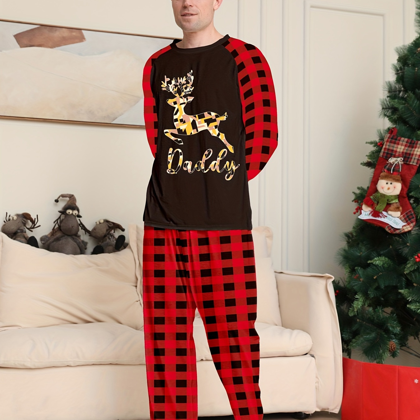 Men's Trendy Casual Christmas Pajamas Sets, DADDY Letter Antler Graphic Print Long Sleeve Crew Neck Top & Loose Pants Lounge Wear