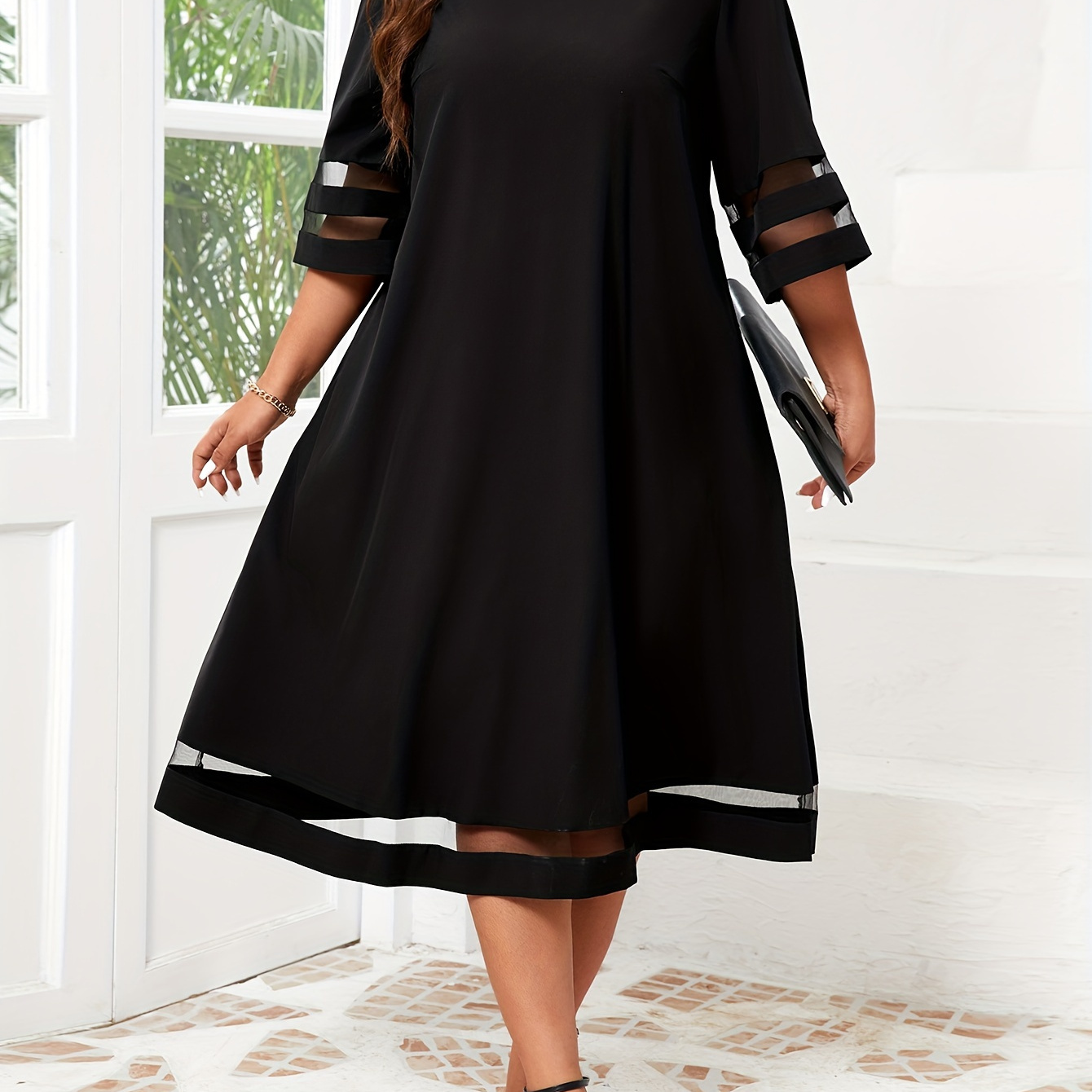 

Plus Size Mesh Stitching Loose Dress, Casual 3/4 Sleeve Dress For Spring & Summer, Women's Plus Size Clothing