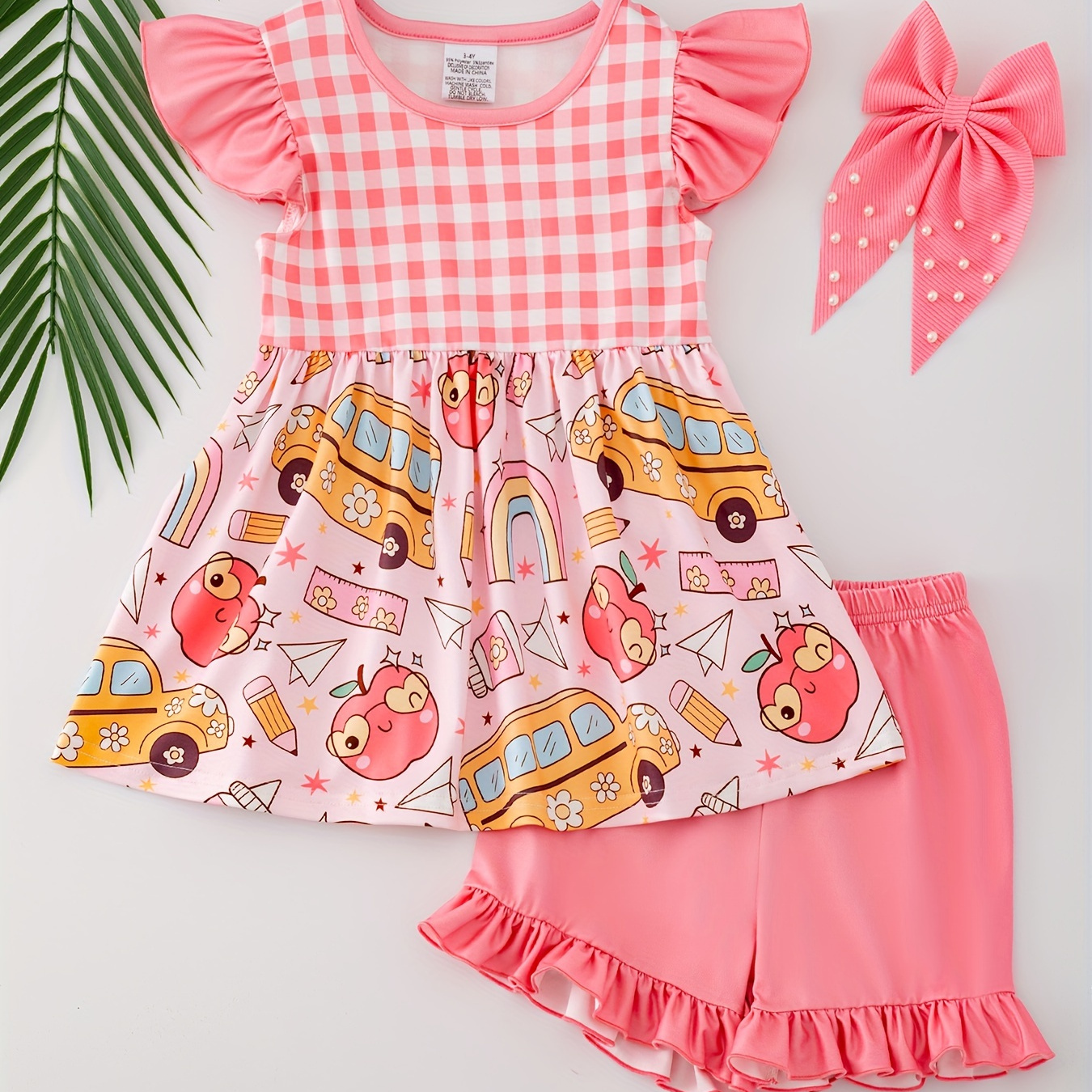 

2pcs, Cartoon Items And Plaid Splicing Print Frill Sleeve Crew Neck T-shirt + Solid Color Frill Trim Shorts Set For Girls, Comfy And Trendy Holiday Set Summer Gift