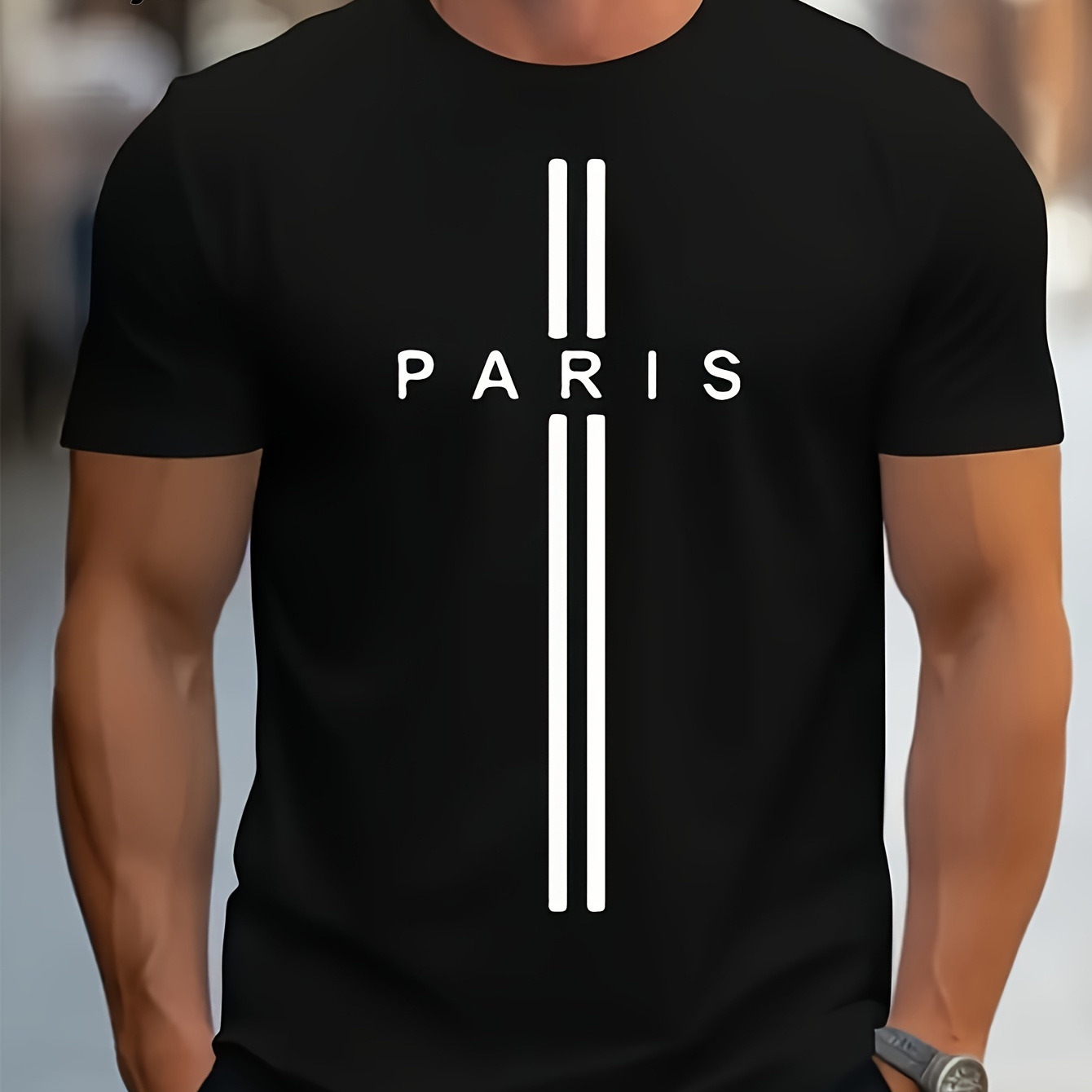 

Paris Print, Men's Graphic Design Crew Neck Active T-shirt, Casual Comfy Tees Tshirts For Summer, Men's Clothing Tops For Daily Gym Workout