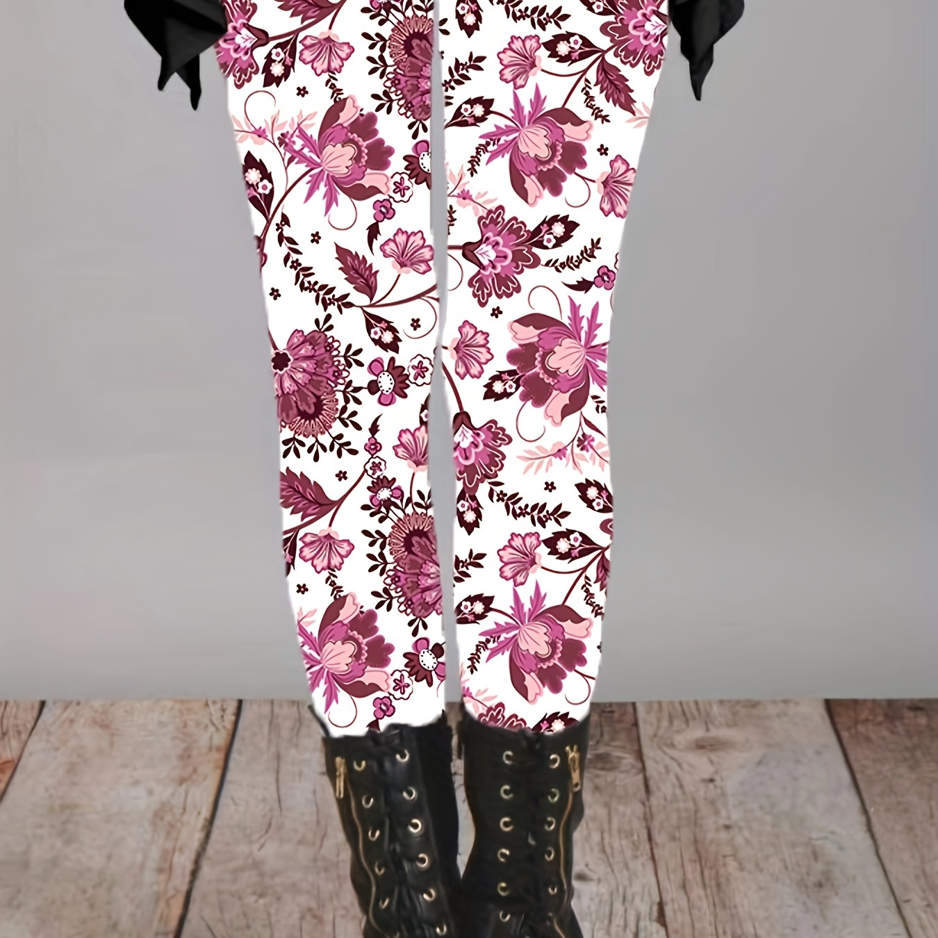 

Women's Plus Size Floral Print Stretch Leggings - Elegant, For Casual Attire