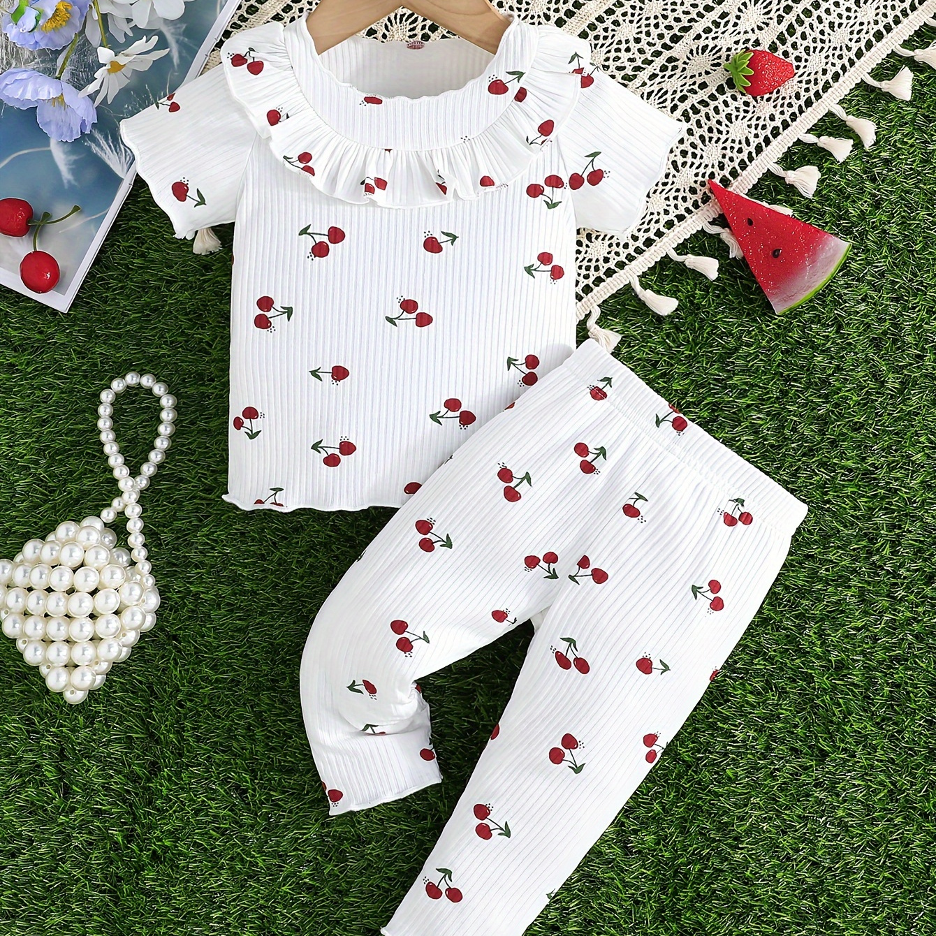 

Baby's Cherry Full Print 2pcs Casual Spring/summer Outfit, Ruffle Decor Ribbed T-shirt & Pants Set, Toddler & Infant Girl's Clothes For Daily/holiday/party