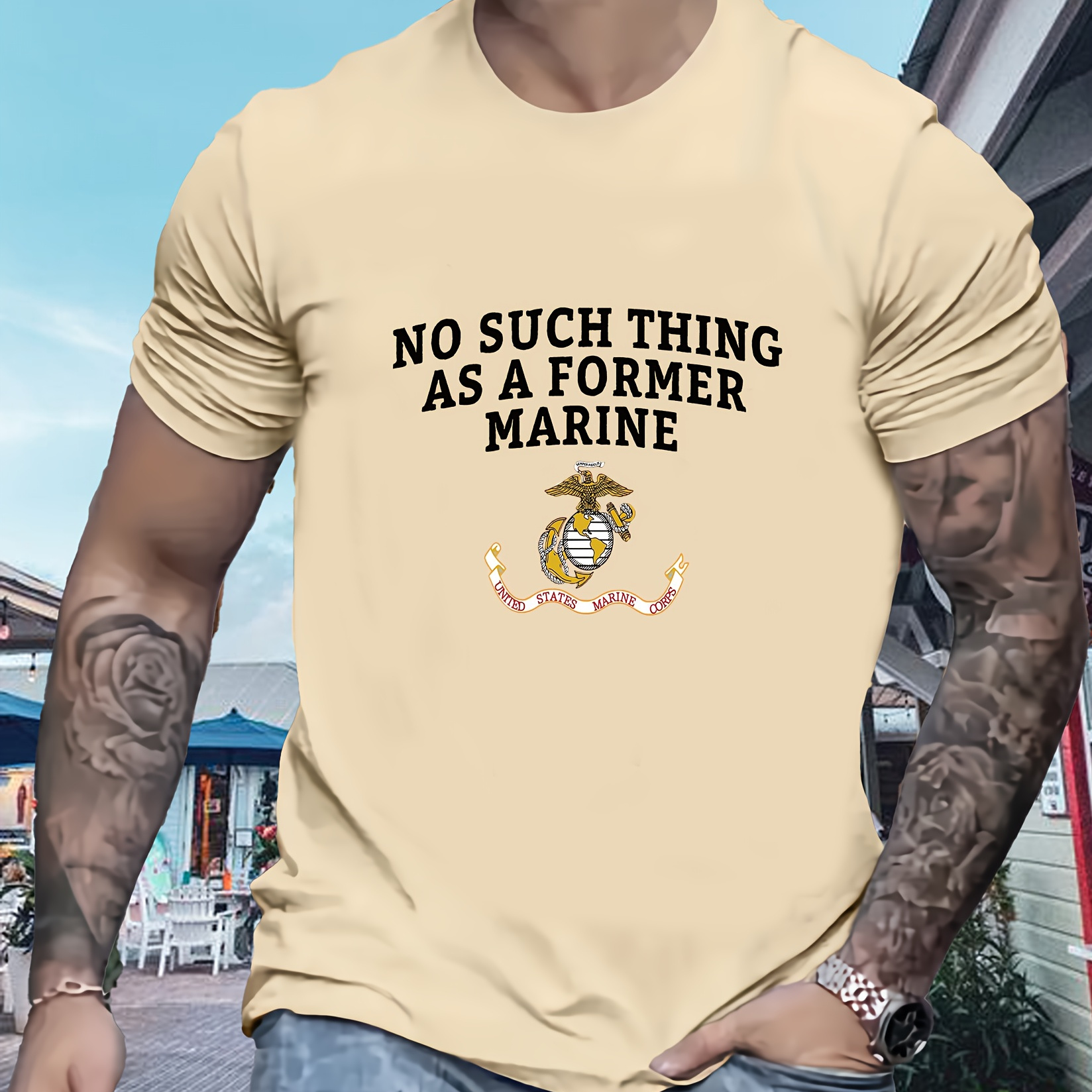 

No Such Thing As A Former Marine Letter Print Men's Crew Neck Short Sleeve T-shirt, Breathable Polyester Fabric Tees, Casual Comfy Lightweight Top For Summer Daily Wear