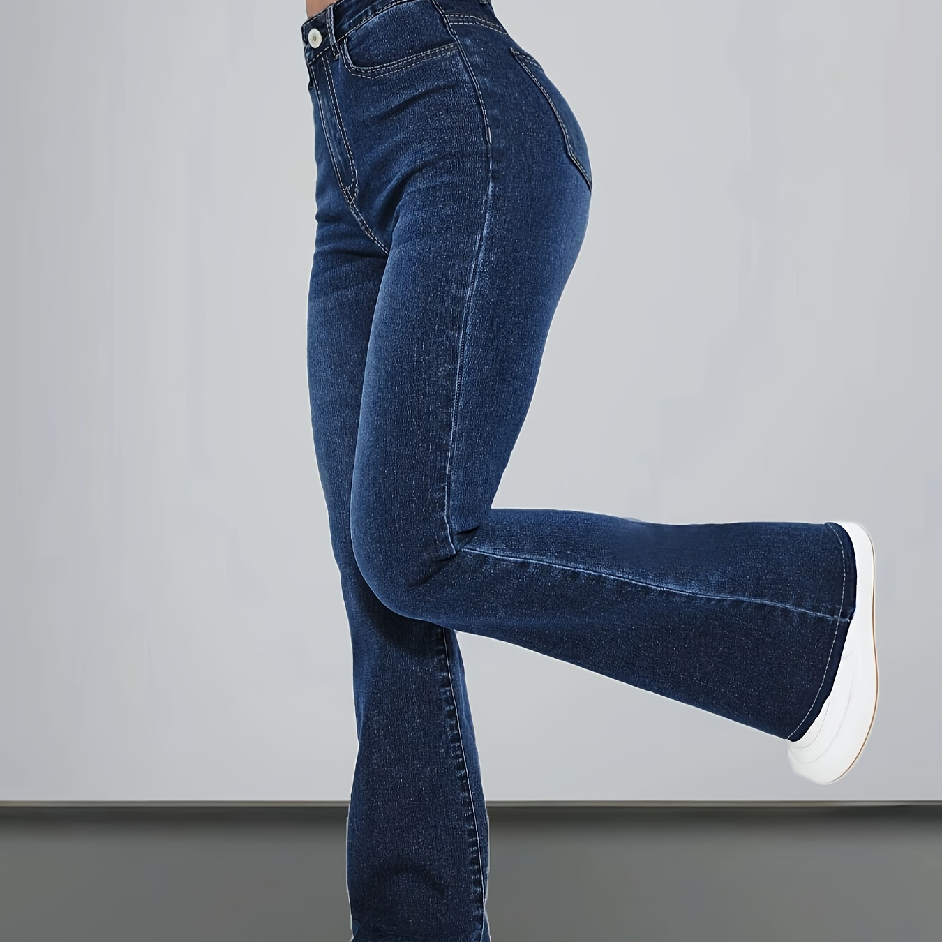 

Whiskering Flare Leg Washed Blue Casual Style Zipper Button Closure Denim Pants, Women's Denim Jeans & Clothing