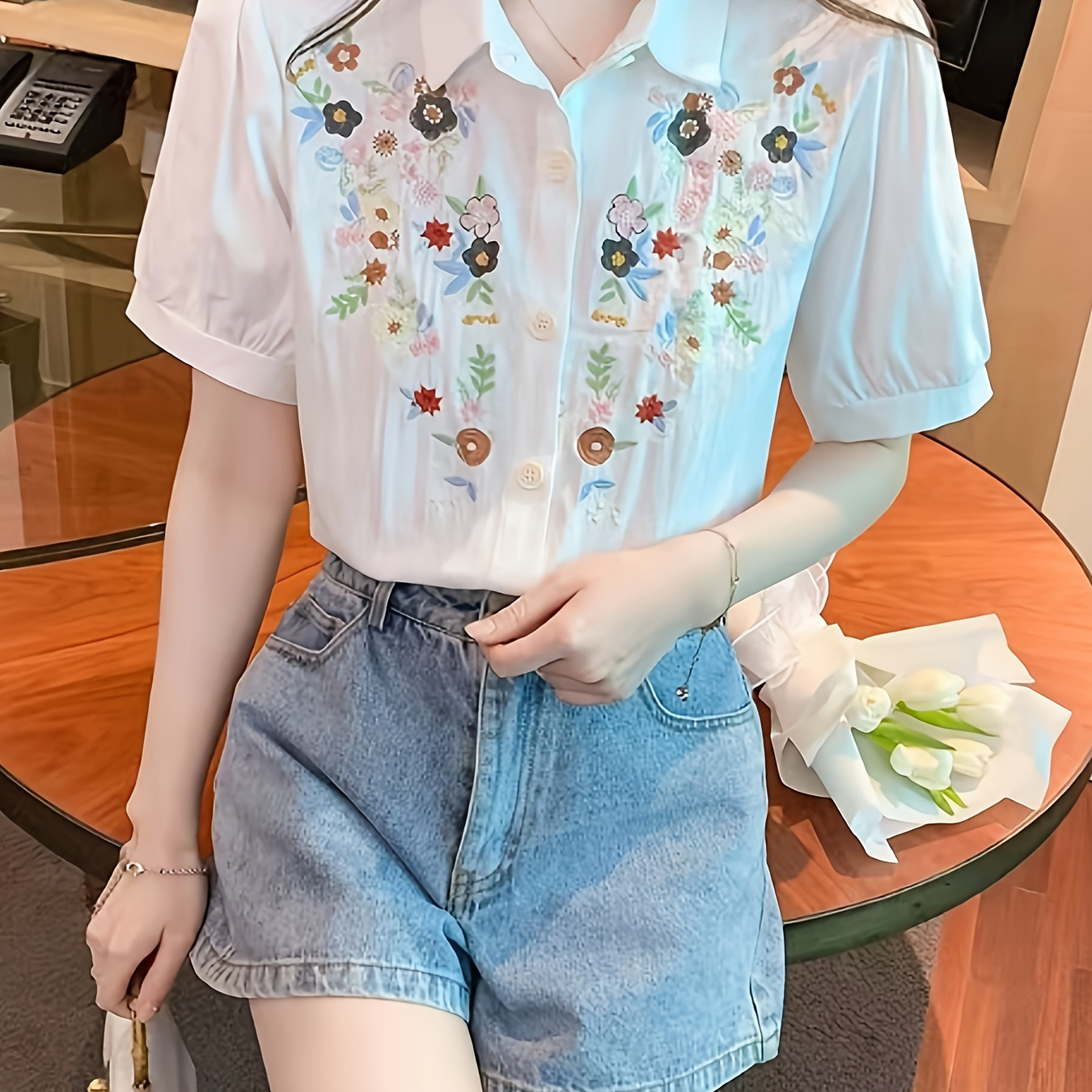 

Floral Embroidered Button Up Shirt, Elegant Short Sleeve Collared Shirt, Women's Clothing