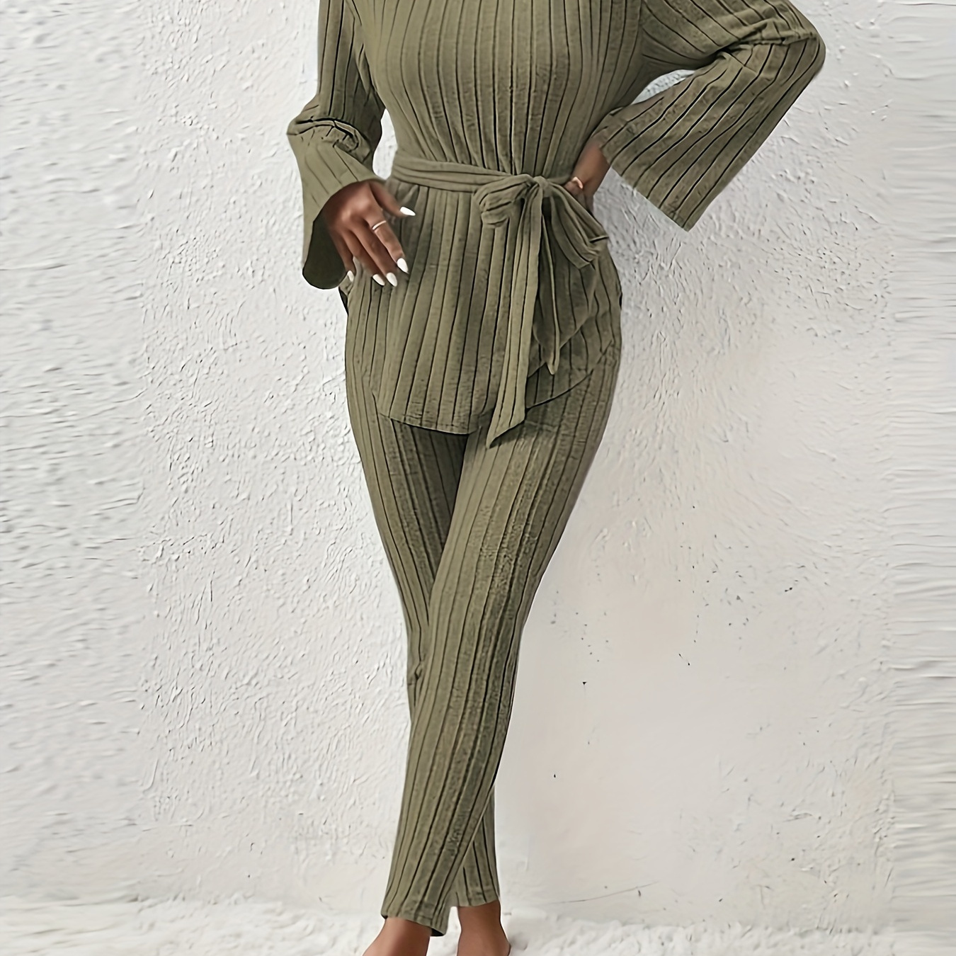

Solid Ribbed Casual Two-piece Set, Tie Waist Crew Neck Long Sleeve Top & Pants Outfits, Women's Clothing