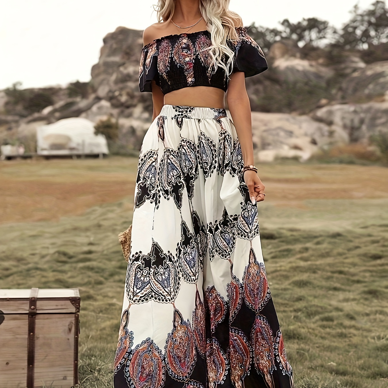

Bohemian Print Vacation Style Skirt Set, Crop Flutter Sleeve Top & Elastic Waist Skirt, Women's Clothing