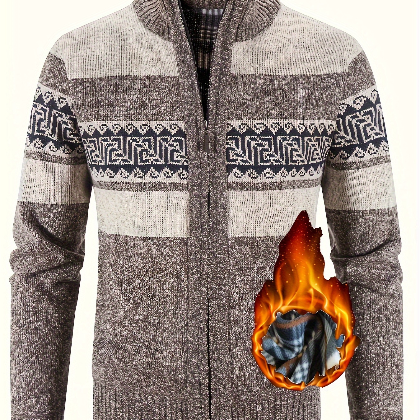 

Men's Fleece-lined Knit Sweater With Pattern - Outdoor Hiking & Cycling, Zip Pocket Detail, Ideal Father's Day Gift