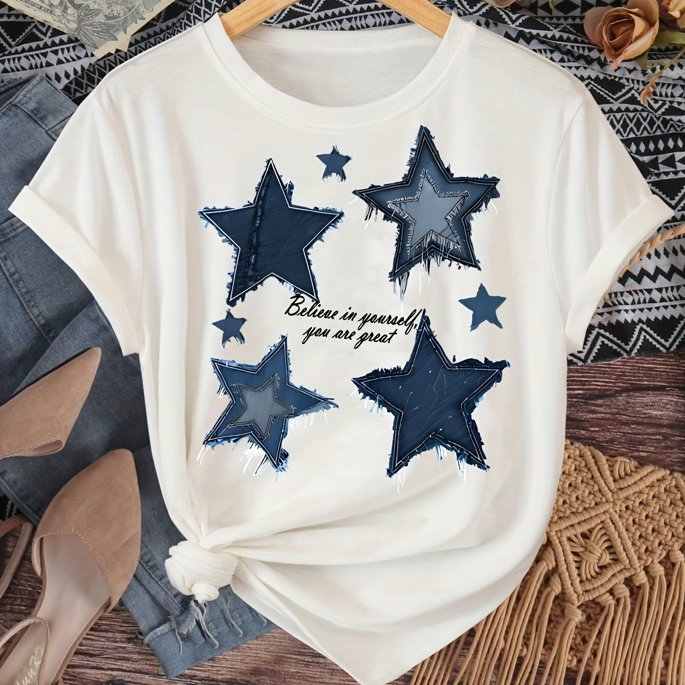 

Girls Casual Crew Neck Cartoon Star & Believe In Yourself You Are Great Letter Print Short Sleeve T-shirt, Fashion Summer Top For Girls, Soft Fabric