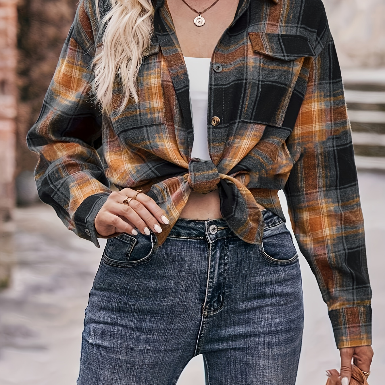 

Women's Elegant Plaid Shirt - 100% Polyester Lapel Collar Button-up Blouse For Spring/fall - Woven Checked Long Sleeve Shirt