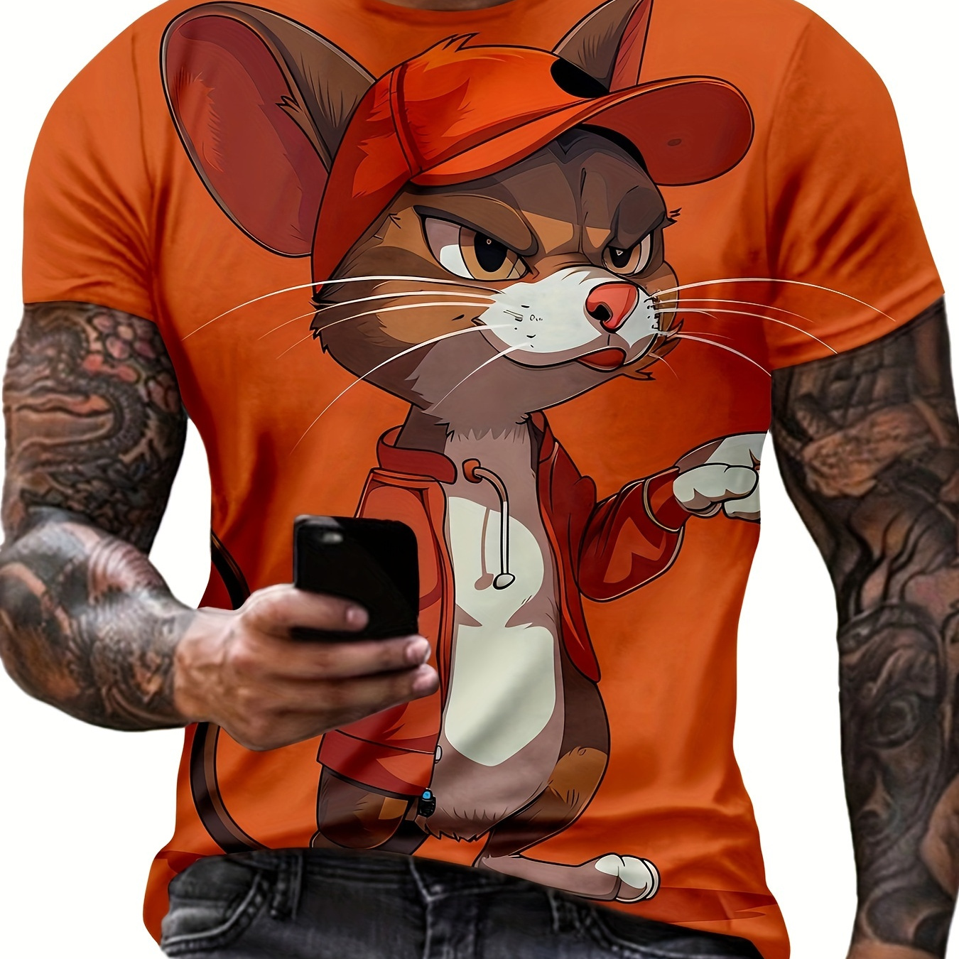 

Men's Casual T-shirt With Unique Mouse Print - Breathable Polyester, Crew Neck, Short Sleeve - Summer Workouts & Casual Attire