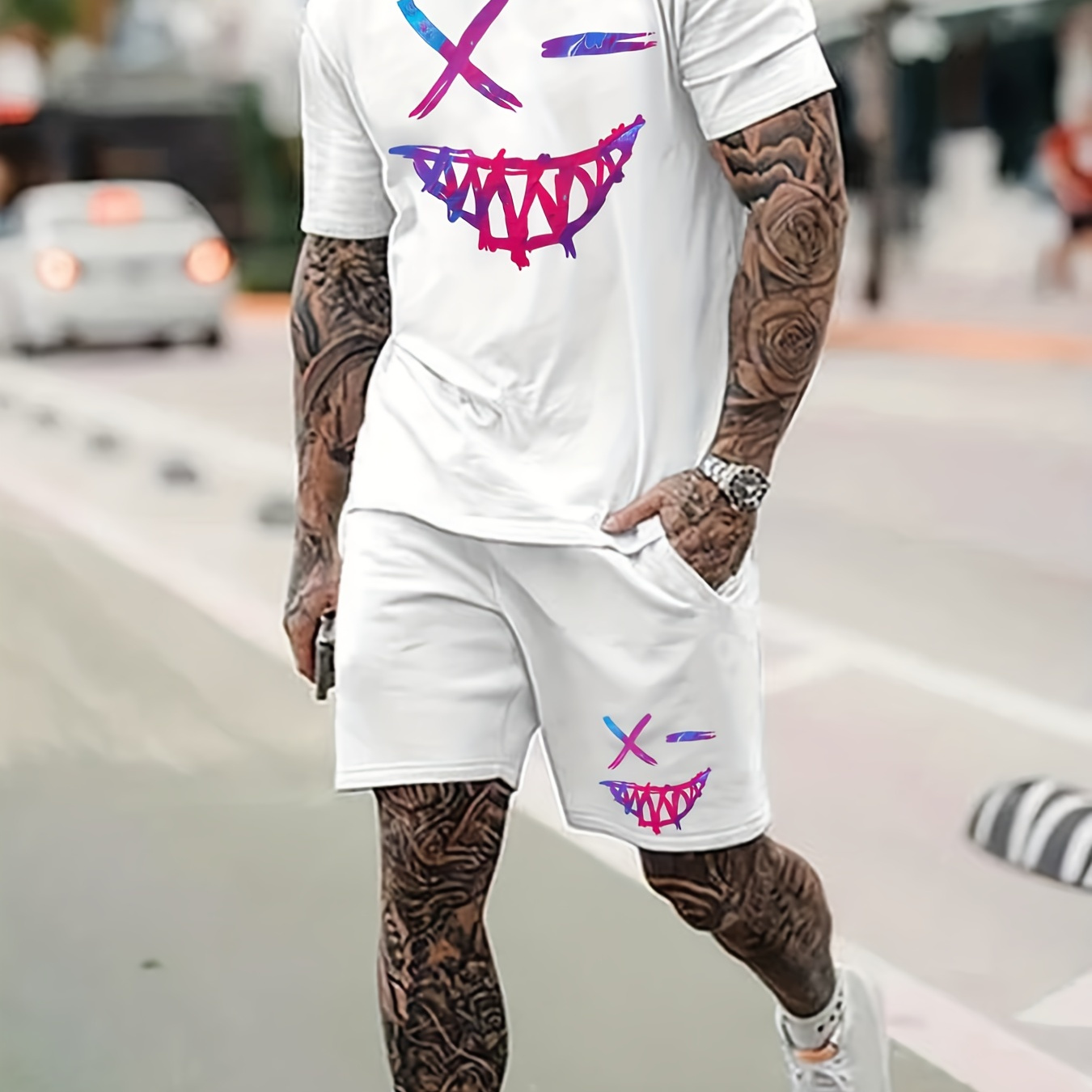 

Monster Face Print, Men's 2pcs Outfits, Casual Crew Neck Short Sleeve T-shirt And Drawstring Shorts Set For Summer, Men's Clothing For Daily Vacation Resorts