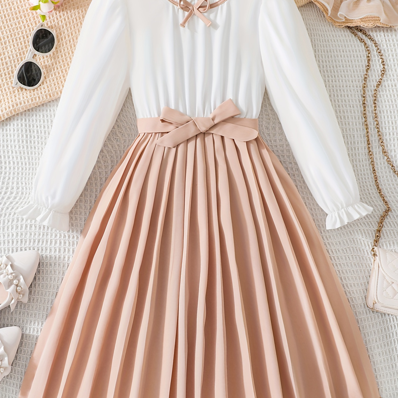 

Sweet & Preppy Long Sleeve A-line Spliced Pleated Dress For Girls, Comfy Casual Dresses - Ideal For School Spring Fall